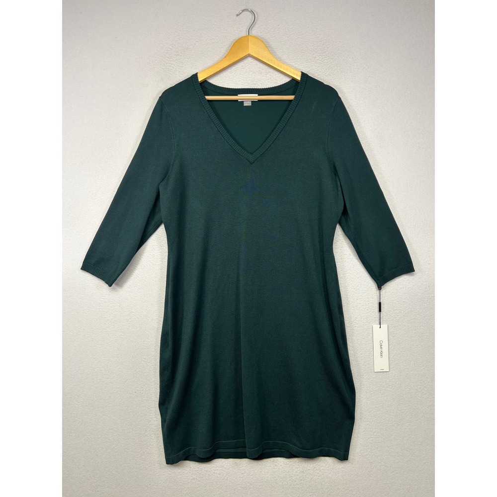 Quiet Luxury Calvin Klein‎ Womens XL Green V-Neck 3/4 Sleeve Knit Sheath Dress